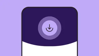 Stylized illustration of a download button, set against a purple background.