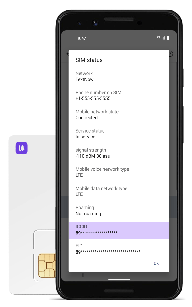 An android phone showing the ICCID in the phone's settings.