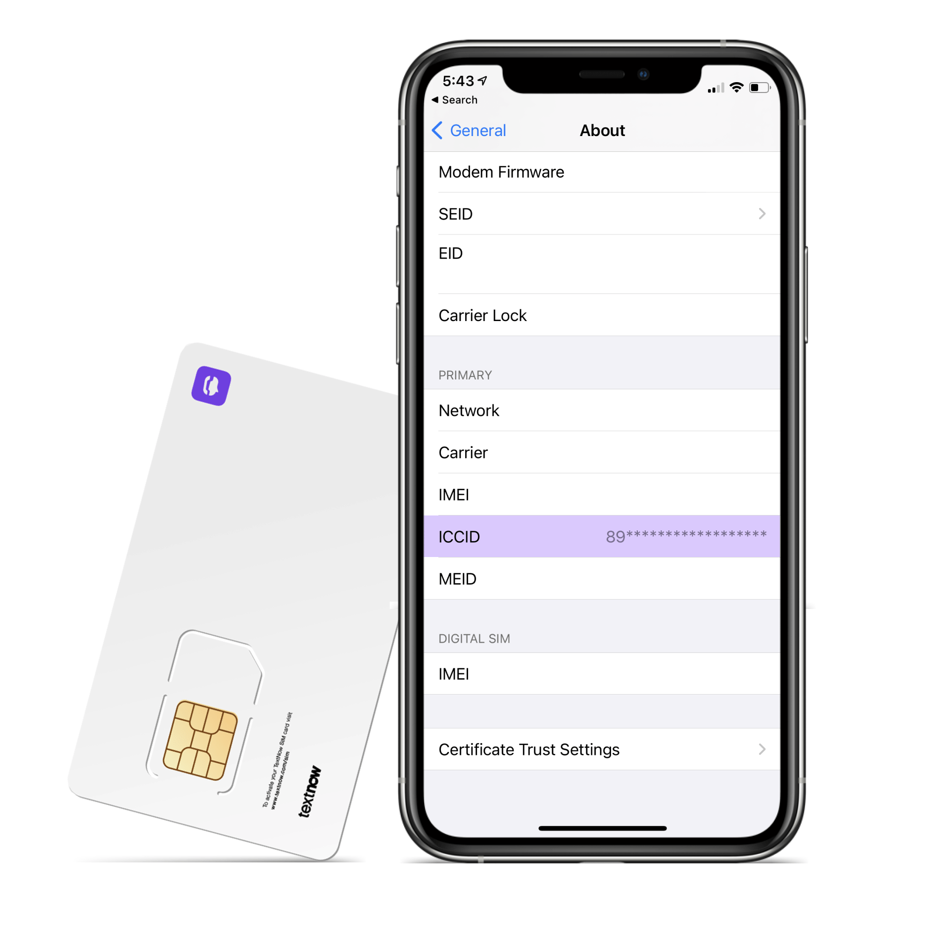 An iPhone showing the ICCID in the phone's settings.